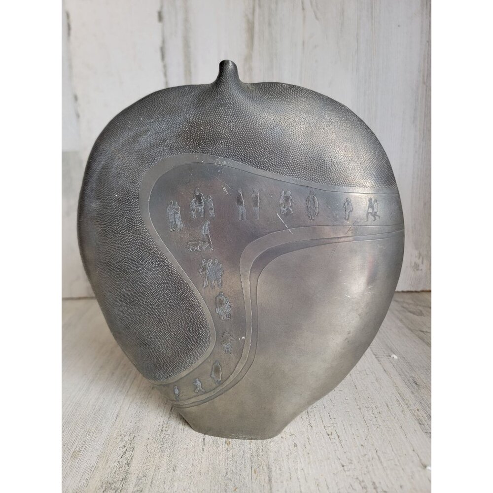 Claire Pfleger pewter‎ 1986 large metal flask art piece vintage people walkway